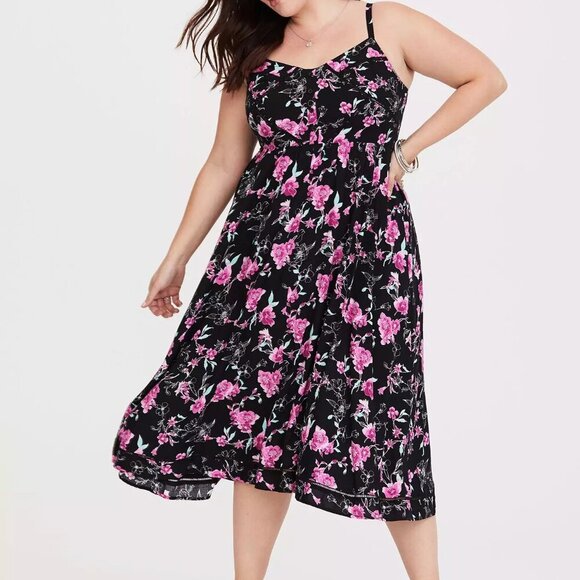 Torrid Black Floral Challis Midi Dress in Size 2 - 18/20 - Picture 1 of 16